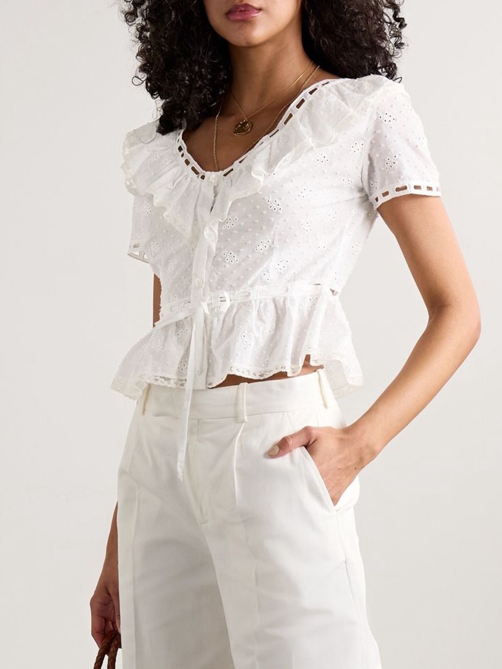 Loretta Caponi Giannella lace trimmed broderie anglaise cotton blouse